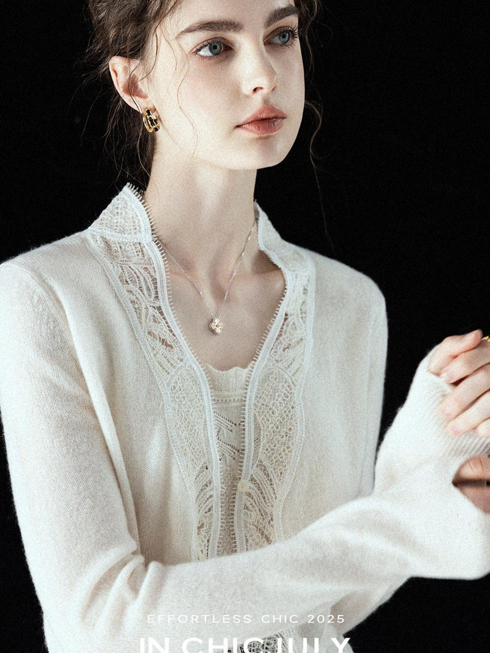chicjuly Balletcore Water Soluble Lace V-neck Pocket Women's Cashmere Wool Cardigans