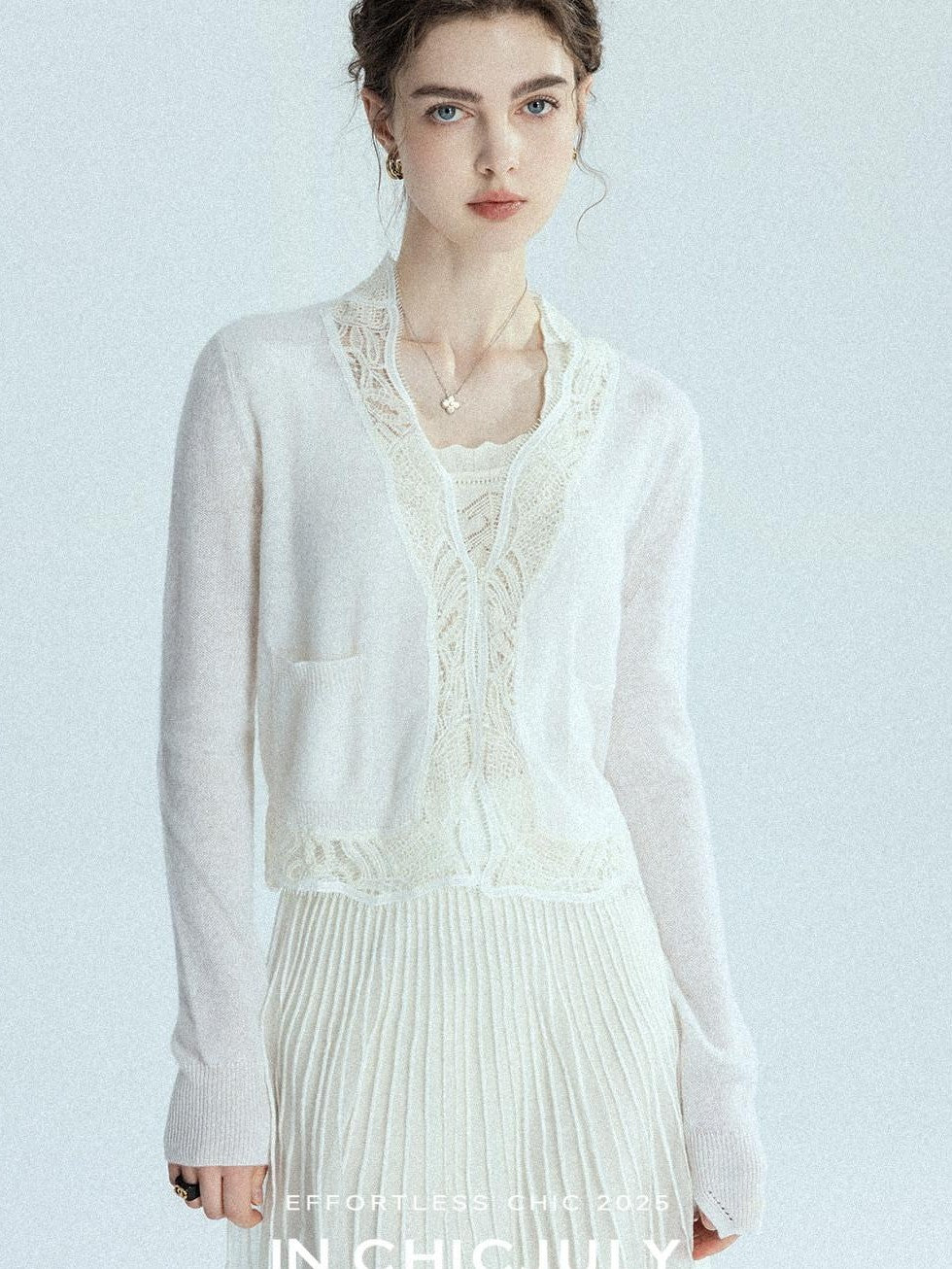 chicjuly Balletcore Water Soluble Lace V-neck Pocket Women's Cashmere Wool Cardigans
