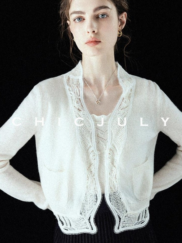 chicjuly Balletcore Water Soluble Lace V-neck Pocket Women's Cashmere Wool Cardigans