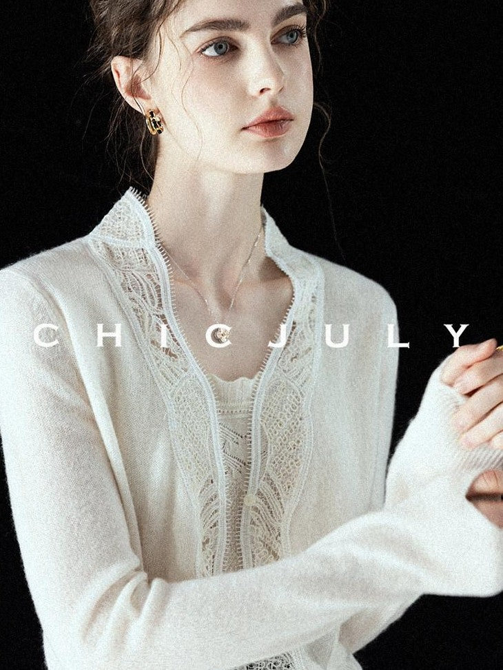 chicjuly Balletcore Water Soluble Lace V-neck Pocket Women's Cashmere Wool Cardigans