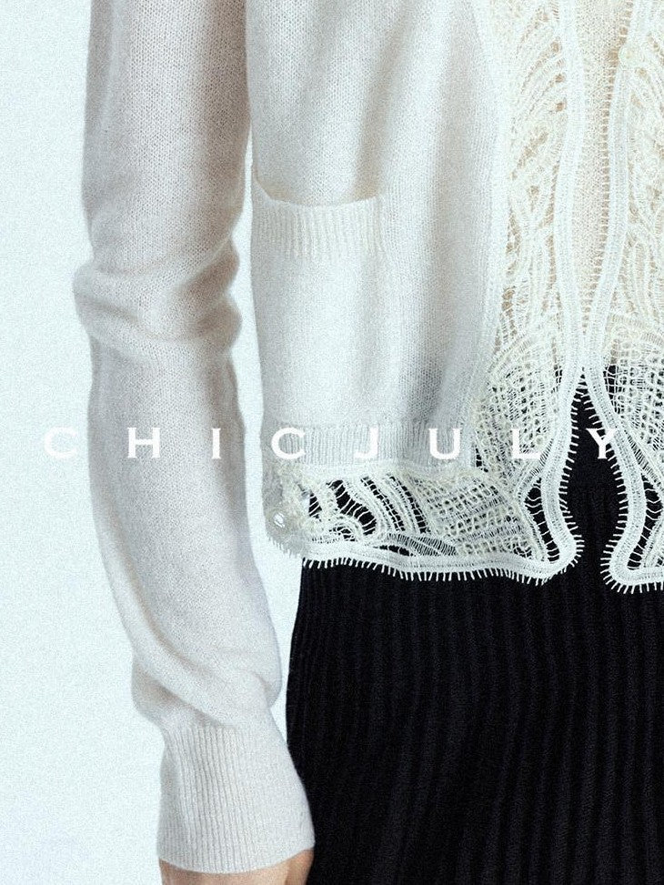 chicjuly Balletcore Water Soluble Lace V-neck Pocket Women's Cashmere Wool Cardigans