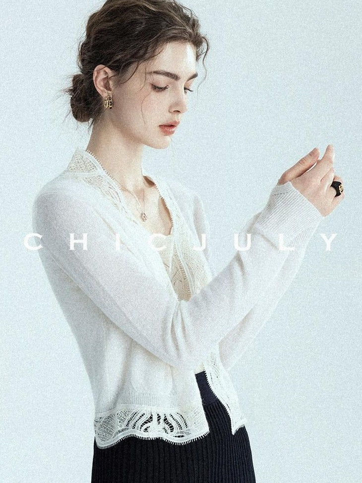 chicjuly Balletcore Water Soluble Lace V-neck Pocket Women's Cashmere Wool Cardigans