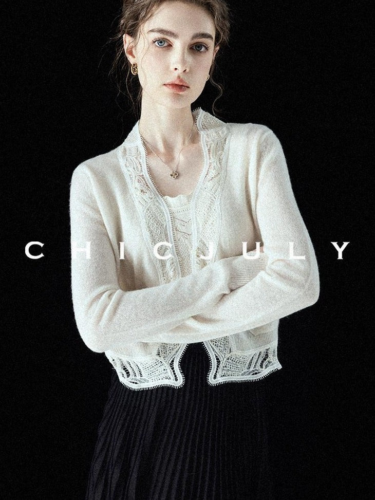 chicjuly Balletcore Water Soluble Lace V-neck Pocket Women's Cashmere Wool Cardigans