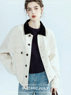 chicjuly Barn Colorblock Cropped Polo Collar Women's Cotton Denim Jackets