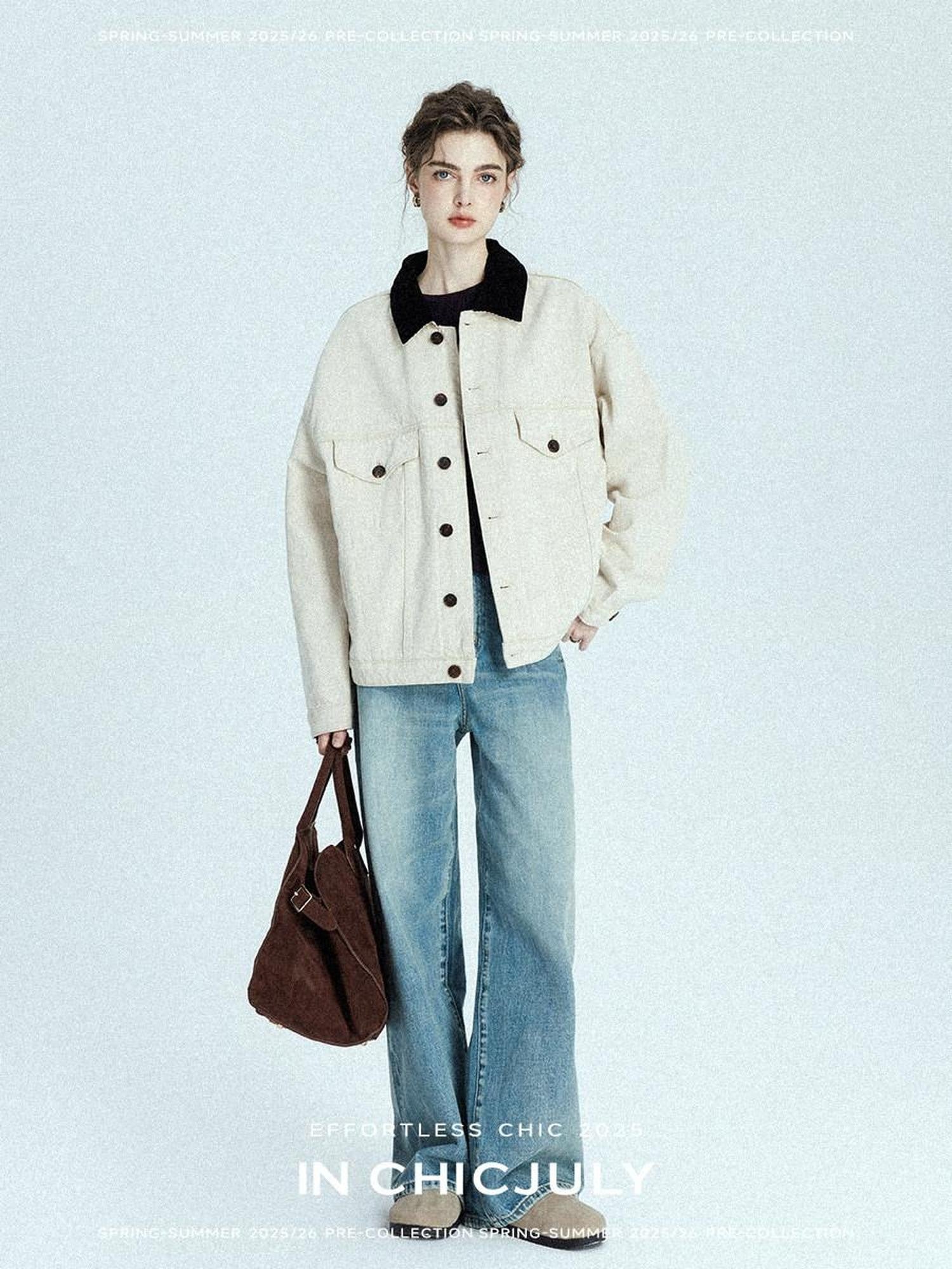 chicjuly Barn Colorblock Cropped Polo Collar Women's Cotton Denim Jackets