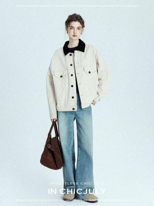 chicjuly Barn Colorblock Cropped Polo Collar Women's Cotton Denim Jackets