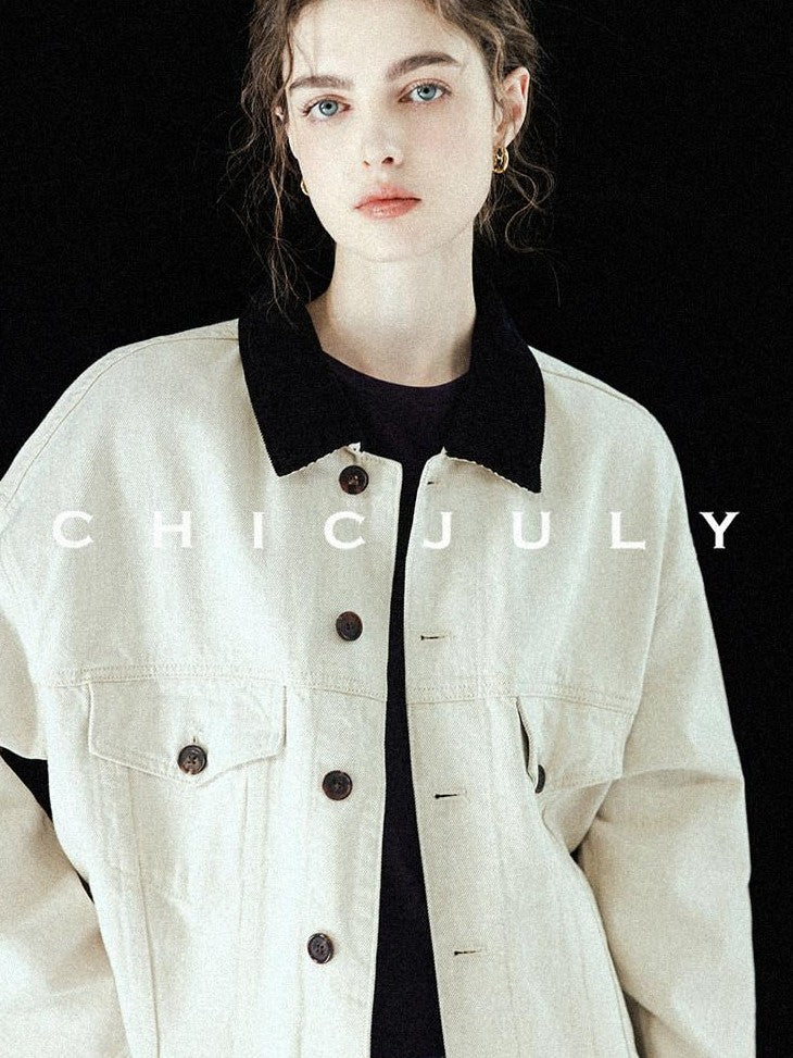 chicjuly Barn Colorblock Cropped Polo Collar Women's Cotton Denim Jackets