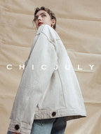chicjuly Barn Colorblock Cropped Polo Collar Women's Cotton Denim Jackets
