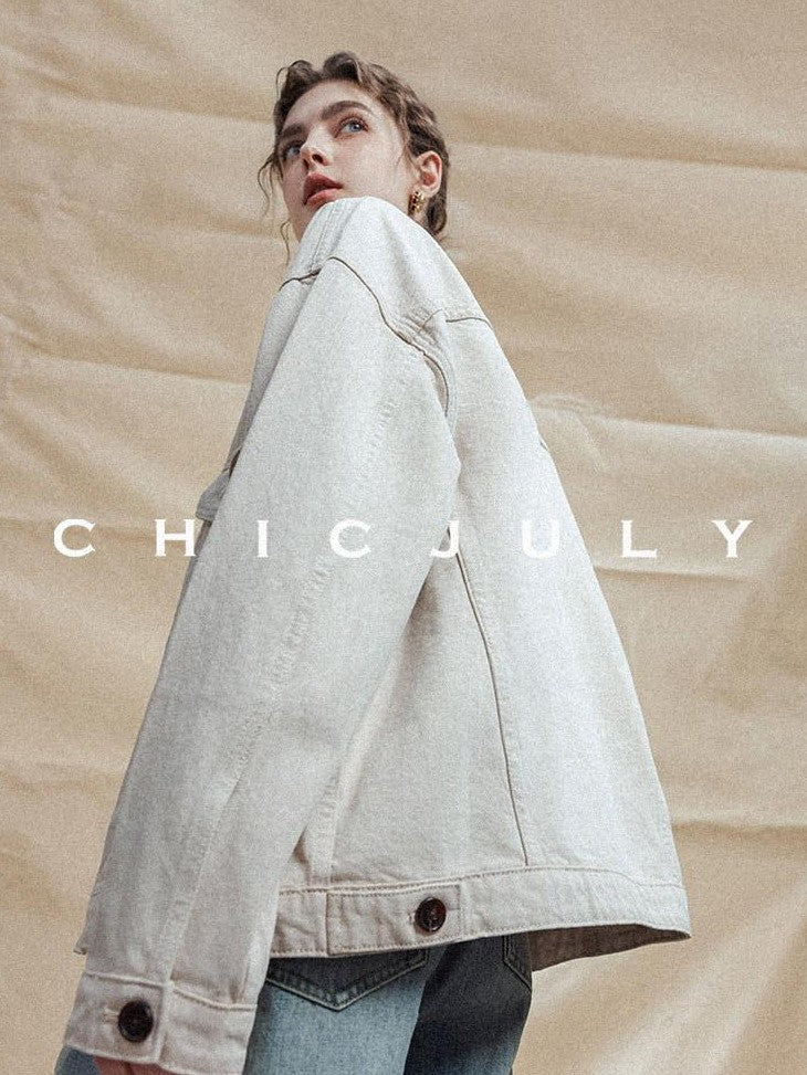 chicjuly Barn Colorblock Cropped Polo Collar Women's Cotton Denim Jackets