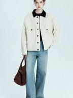 chicjuly Barn Colorblock Cropped Polo Collar Women's Cotton Denim Jackets