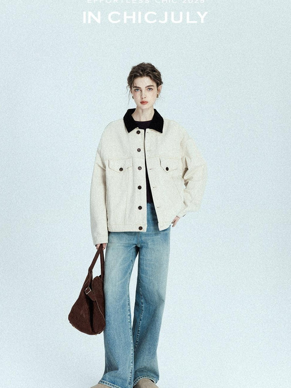 chicjuly Barn Colorblock Cropped Polo Collar Women's Cotton Denim Jackets