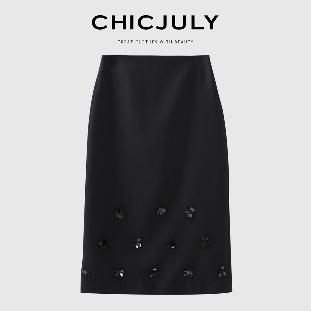 chicjuly Beaded Floral Satin Feel High Waist A Line Women's Wool Skirts 768266865921