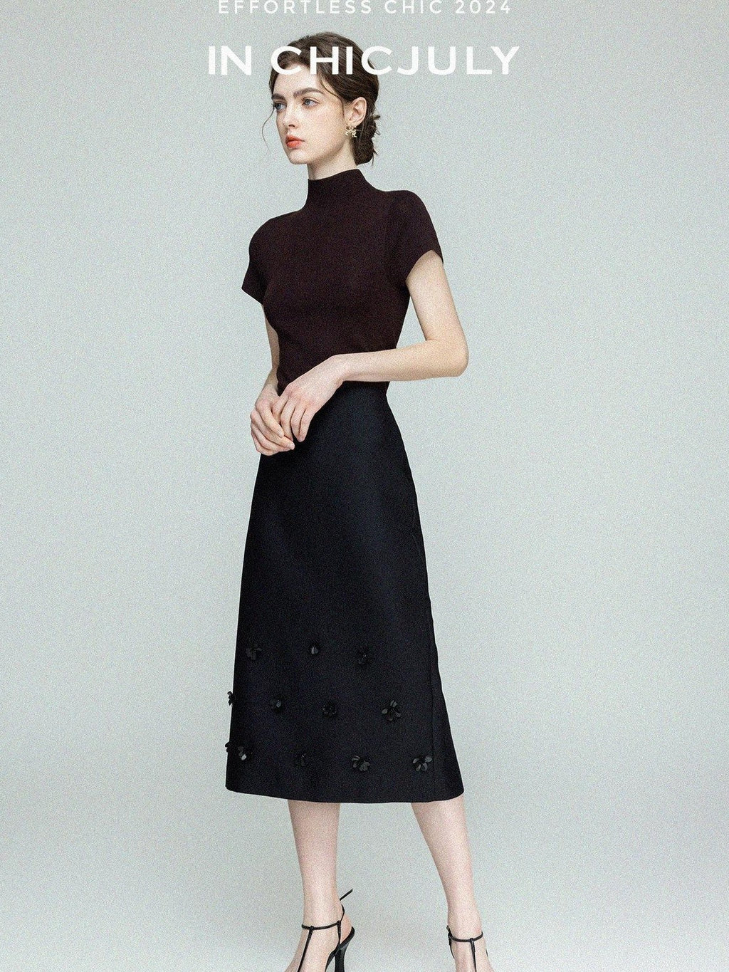 chicjuly Beaded Floral Satin Feel High Waist A Line Women's Wool Skirts