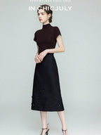 chicjuly Beaded Floral Satin Feel High Waist A Line Women's Wool Skirts