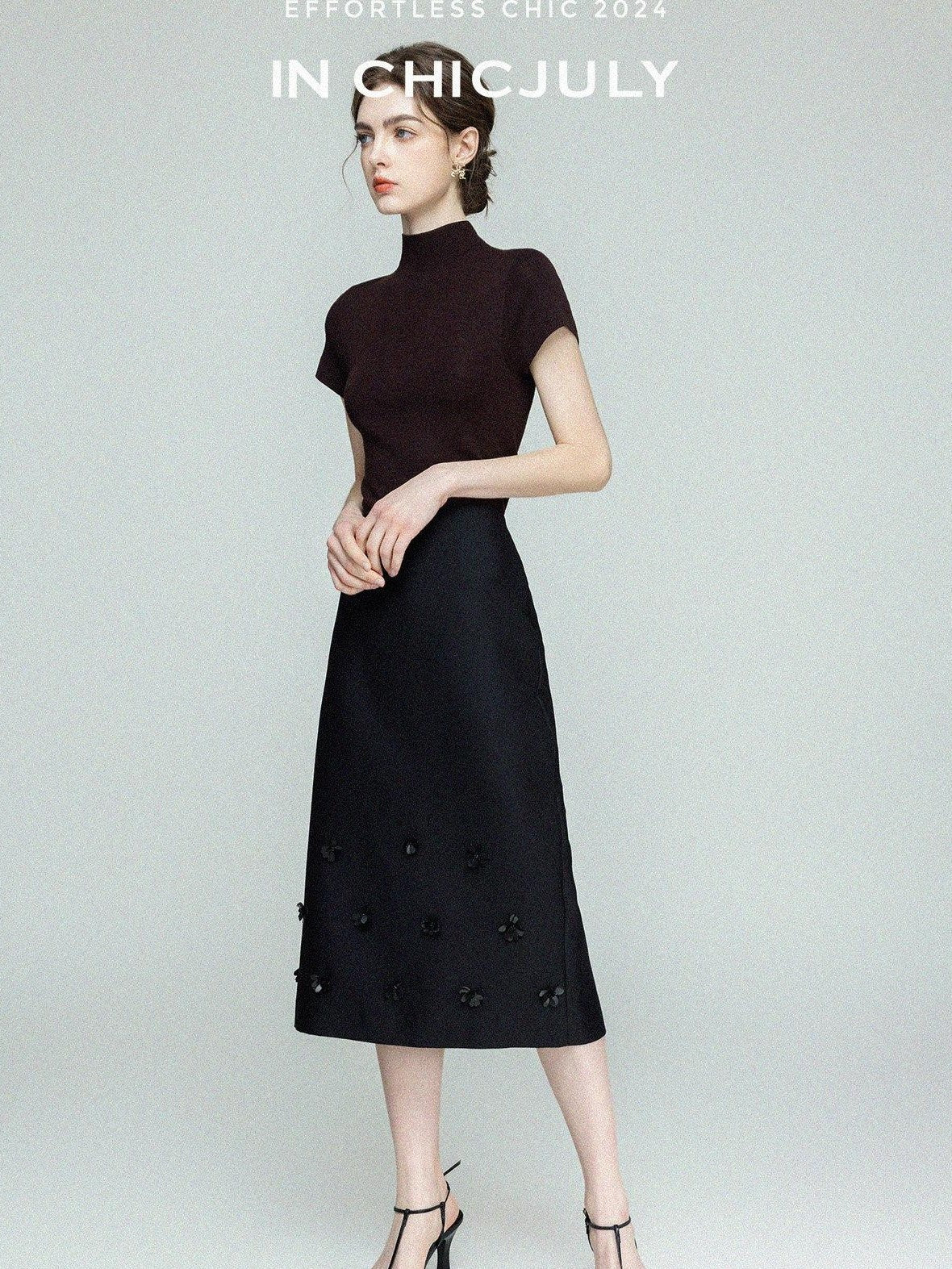chicjuly Beaded Floral Satin Feel High Waist A Line Women's Wool Skirts