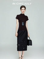 chicjuly Beaded Floral Satin Feel High Waist A Line Women's Wool Skirts