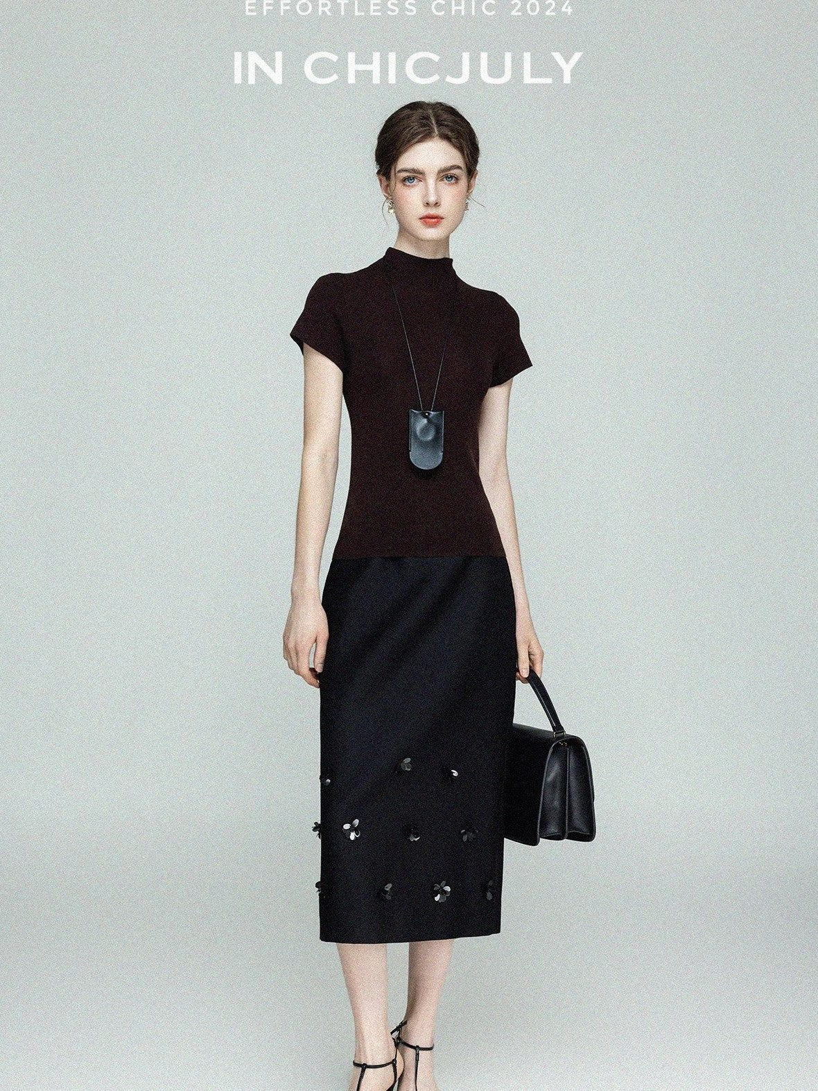 chicjuly Beaded Floral Satin Feel High Waist A Line Women's Wool Skirts
