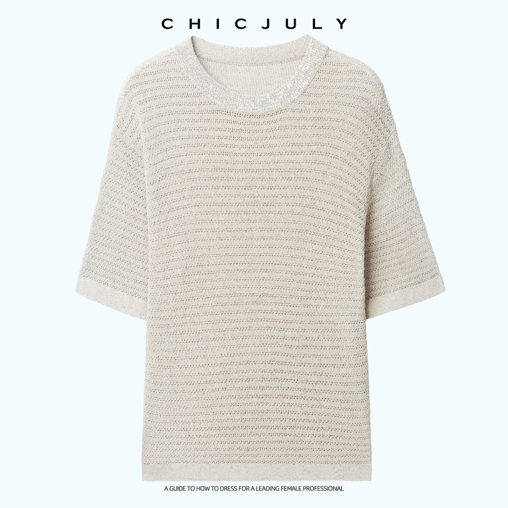 chicjuly Beaded Sequin Star Collar Crochet Knit Women's Silk Short Sleeve T-shirts 1043027097939