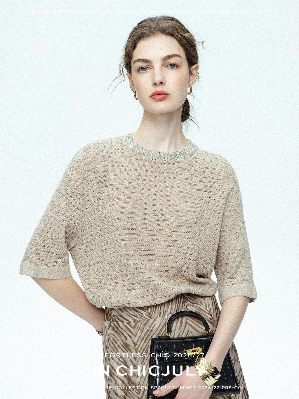 chicjuly Beaded Sequin Star Collar Crochet Knit Women's Silk Short Sleeve T-shirts