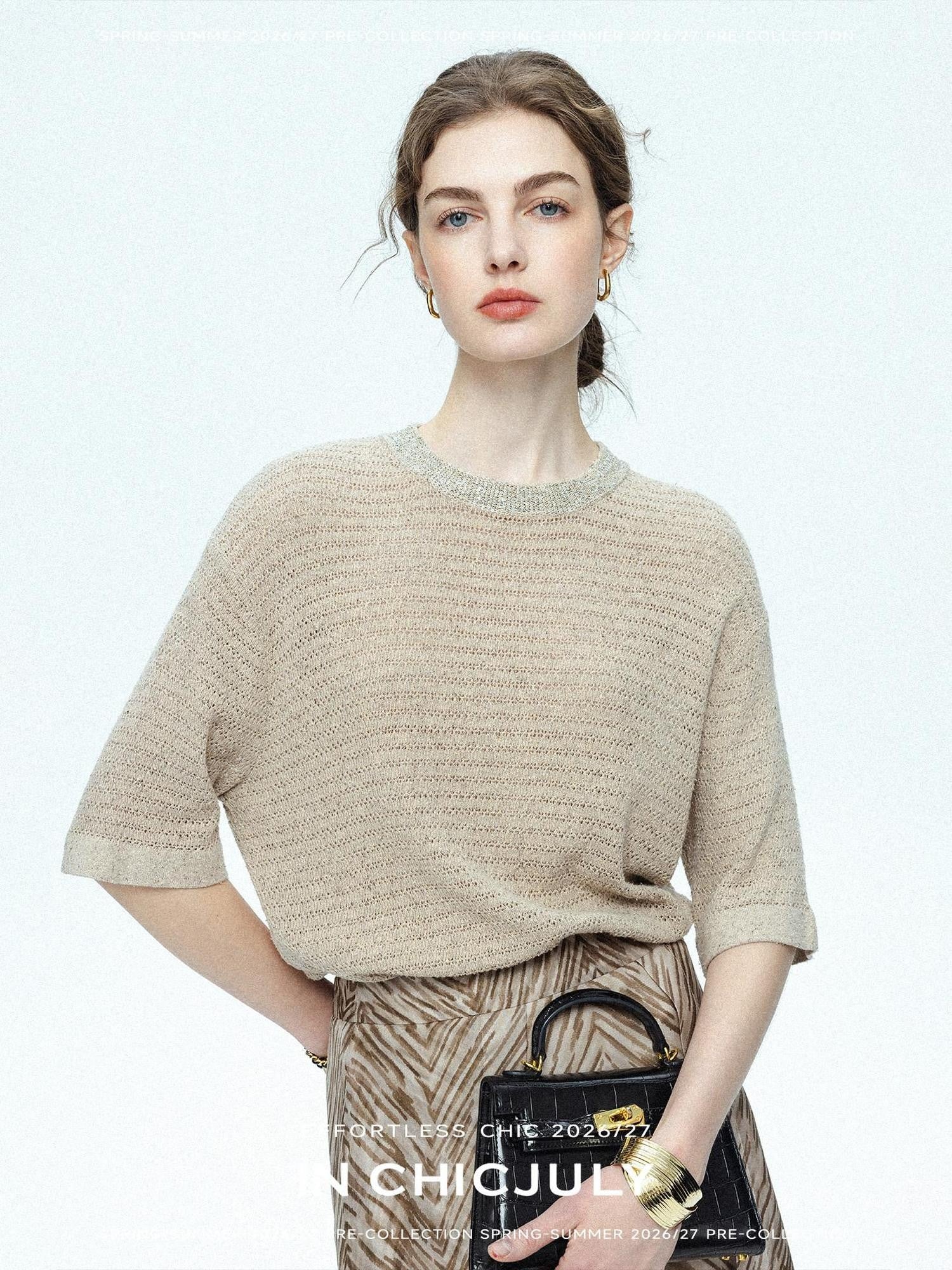 chicjuly Beaded Sequin Star Collar Crochet Knit Women's Silk Short Sleeve T-shirts