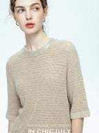 chicjuly Beaded Sequin Star Collar Crochet Knit Women's Silk Short Sleeve T-shirts