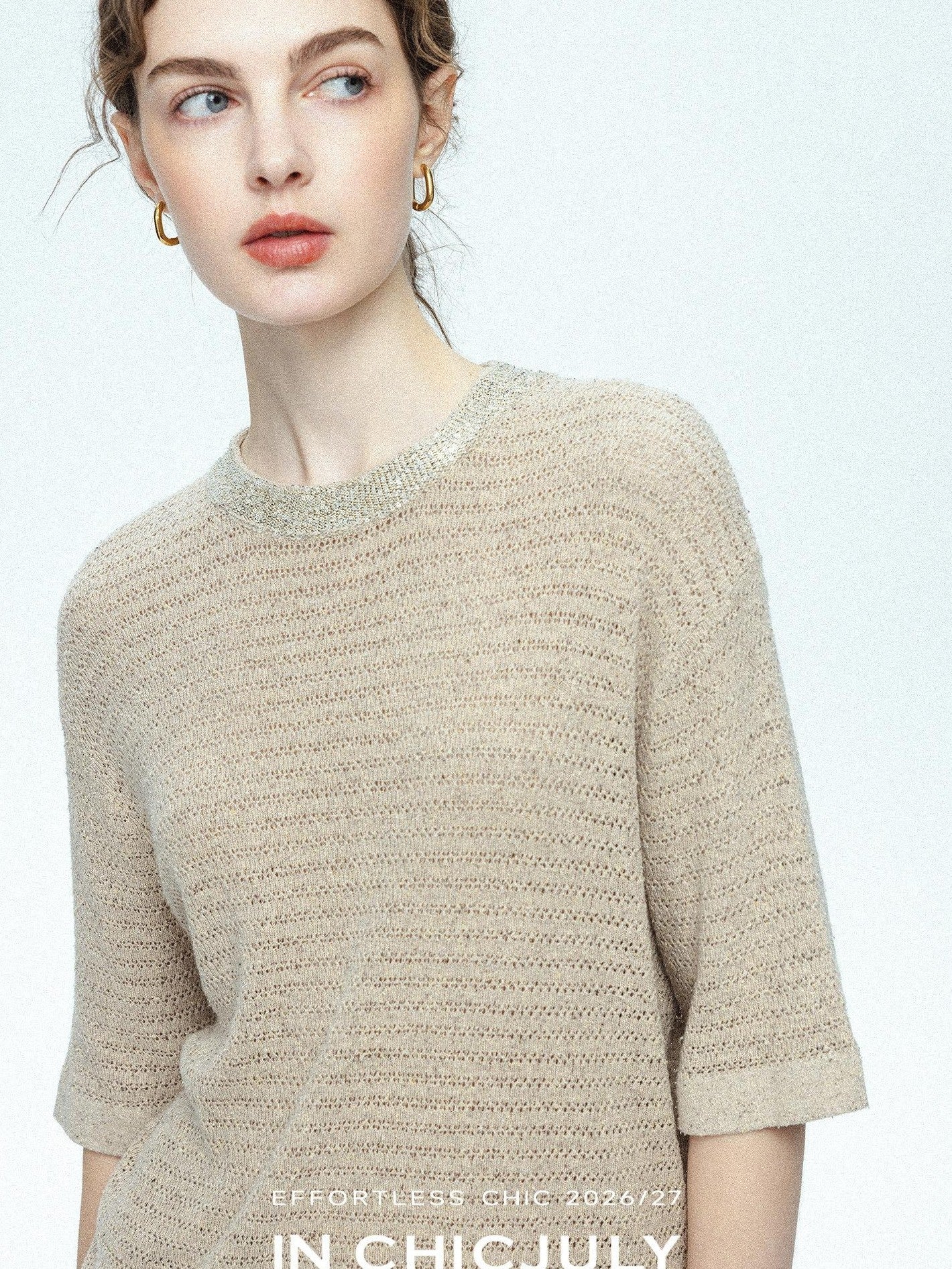 chicjuly Beaded Sequin Star Collar Crochet Knit Women's Silk Short Sleeve T-shirts