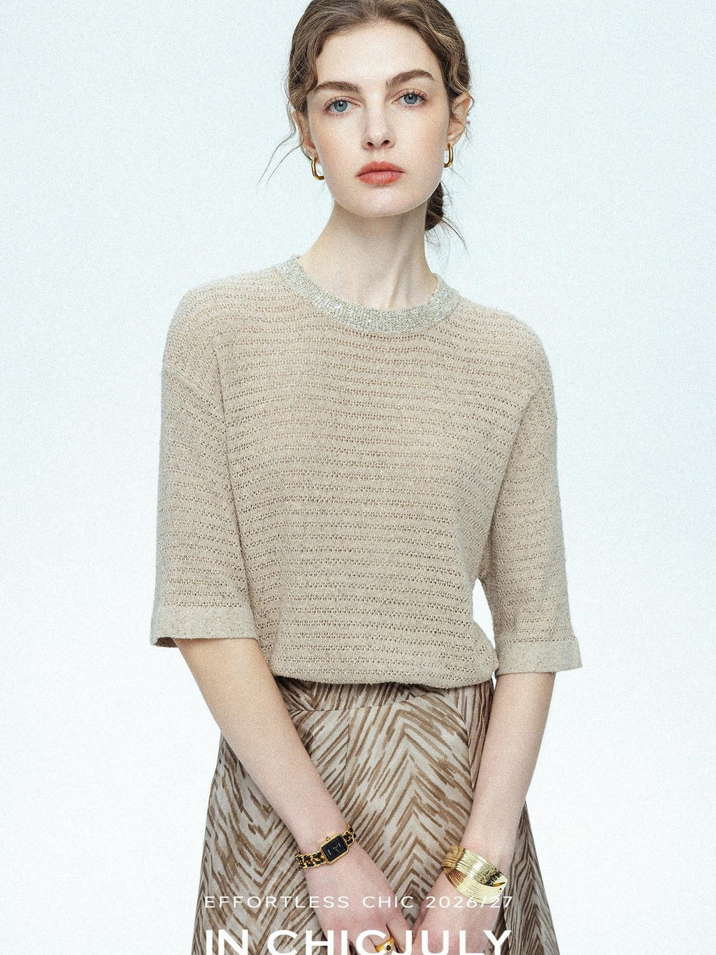 chicjuly Beaded Sequin Star Collar Crochet Knit Women's Silk Short Sleeve T-shirts