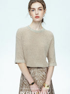 chicjuly Beaded Sequin Star Collar Crochet Knit Women's Silk Short Sleeve T-shirts