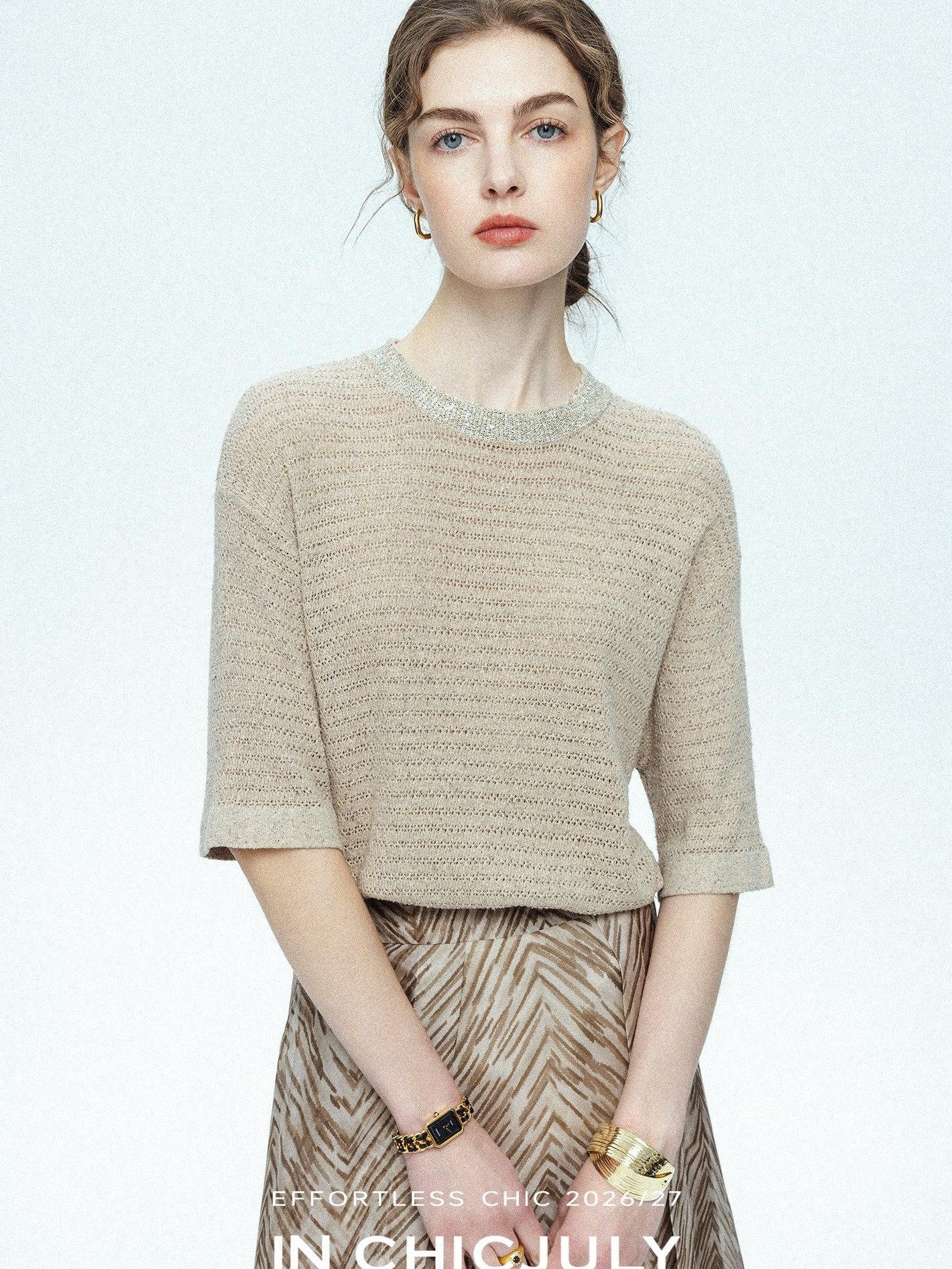 chicjuly Beaded Sequin Star Collar Crochet Knit Women's Silk Short Sleeve T-shirts