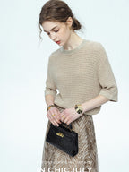 chicjuly Beaded Sequin Star Collar Crochet Knit Women's Silk Short Sleeve T-shirts