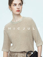 chicjuly Beaded Sequin Star Collar Crochet Knit Women's Silk Short Sleeve T-shirts