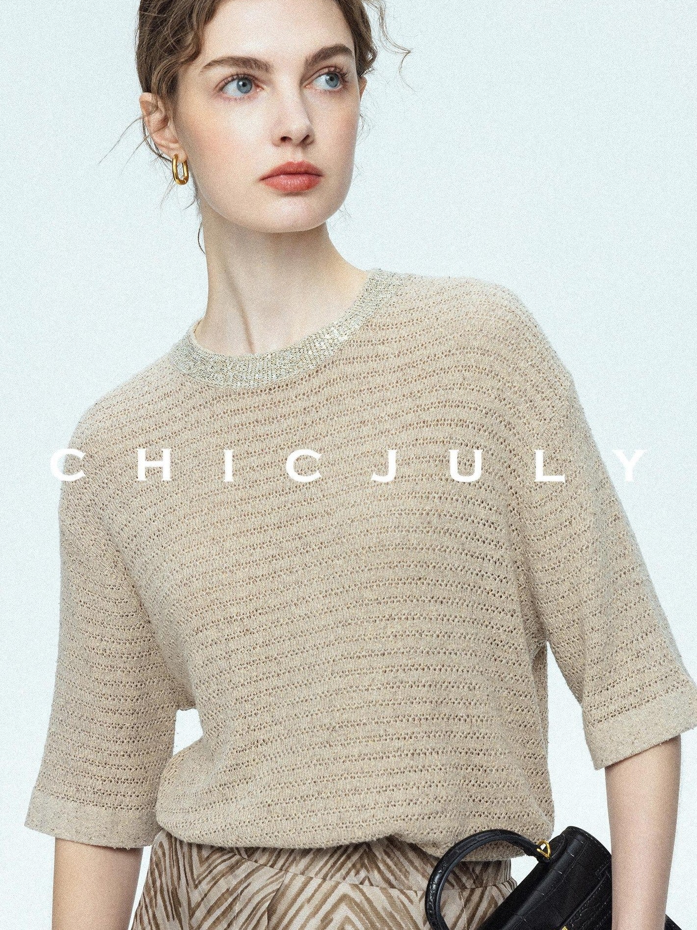chicjuly Beaded Sequin Star Collar Crochet Knit Women's Silk Short Sleeve T-shirts
