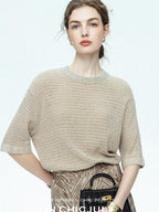 chicjuly Beaded Sequin Star Collar Crochet Knit Women's Silk Short Sleeve T-shirts