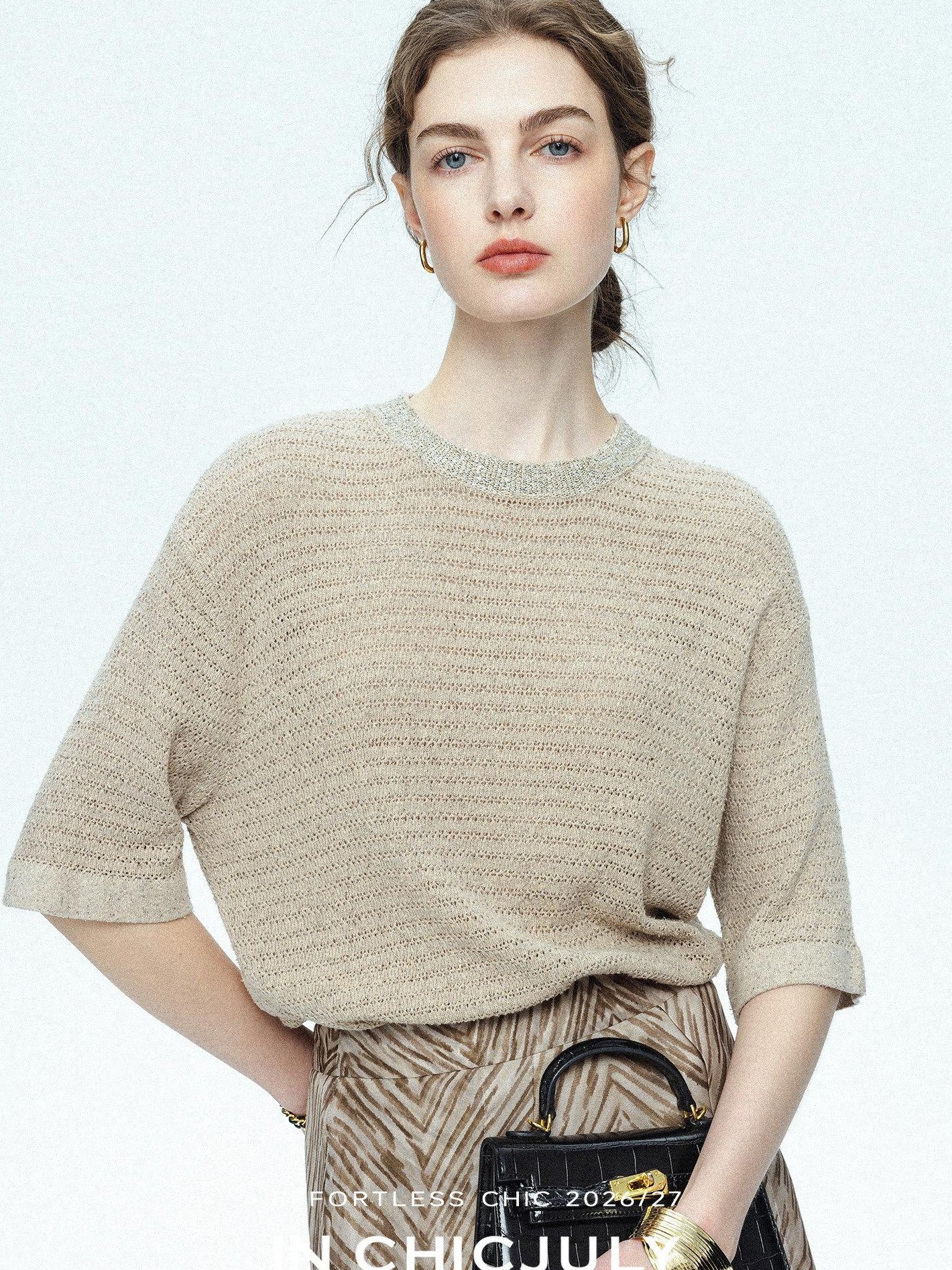 chicjuly Beaded Sequin Star Collar Crochet Knit Women's Silk Short Sleeve T-shirts