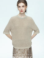 chicjuly Beaded Sequin Star Collar Crochet Knit Women's Silk Short Sleeve T-shirts