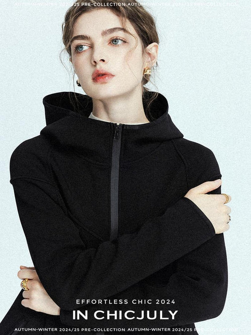 chicjuly Black Flocked Ultra Light Air Layer Hooded Waist Cinch Women's Casual Jackets