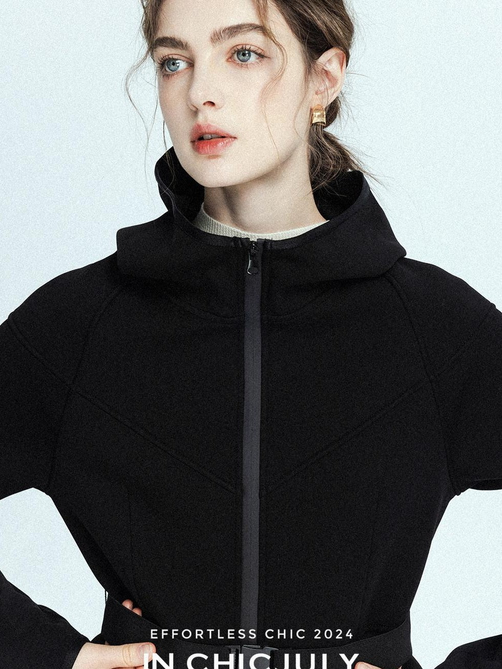 chicjuly Black Flocked Ultra Light Air Layer Hooded Waist Cinch Women's Casual Jackets