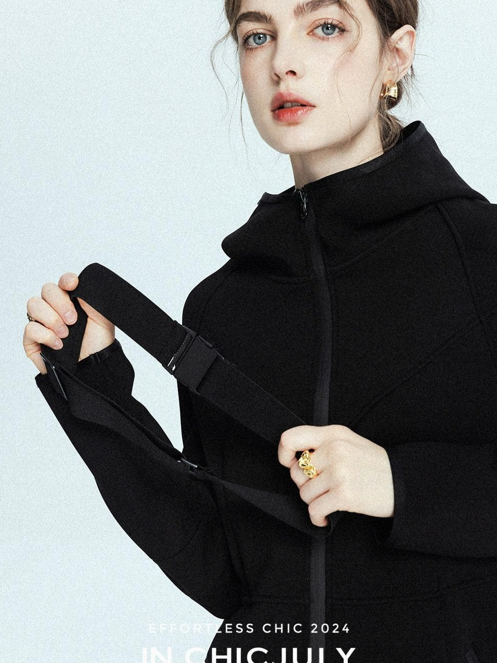 chicjuly Black Flocked Ultra Light Air Layer Hooded Waist Cinch Women's Casual Jackets