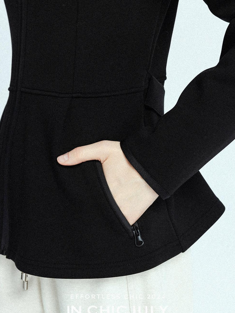 chicjuly Black Flocked Ultra Light Air Layer Hooded Waist Cinch Women's Casual Jackets
