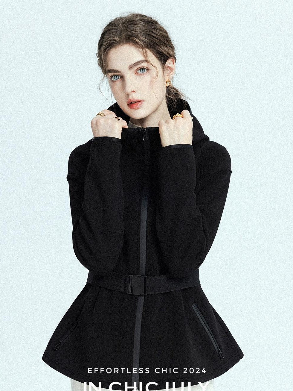 chicjuly Black Flocked Ultra Light Air Layer Hooded Waist Cinch Women's Casual Jackets