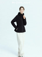 chicjuly Black Flocked Ultra Light Air Layer Hooded Waist Cinch Women's Casual Jackets