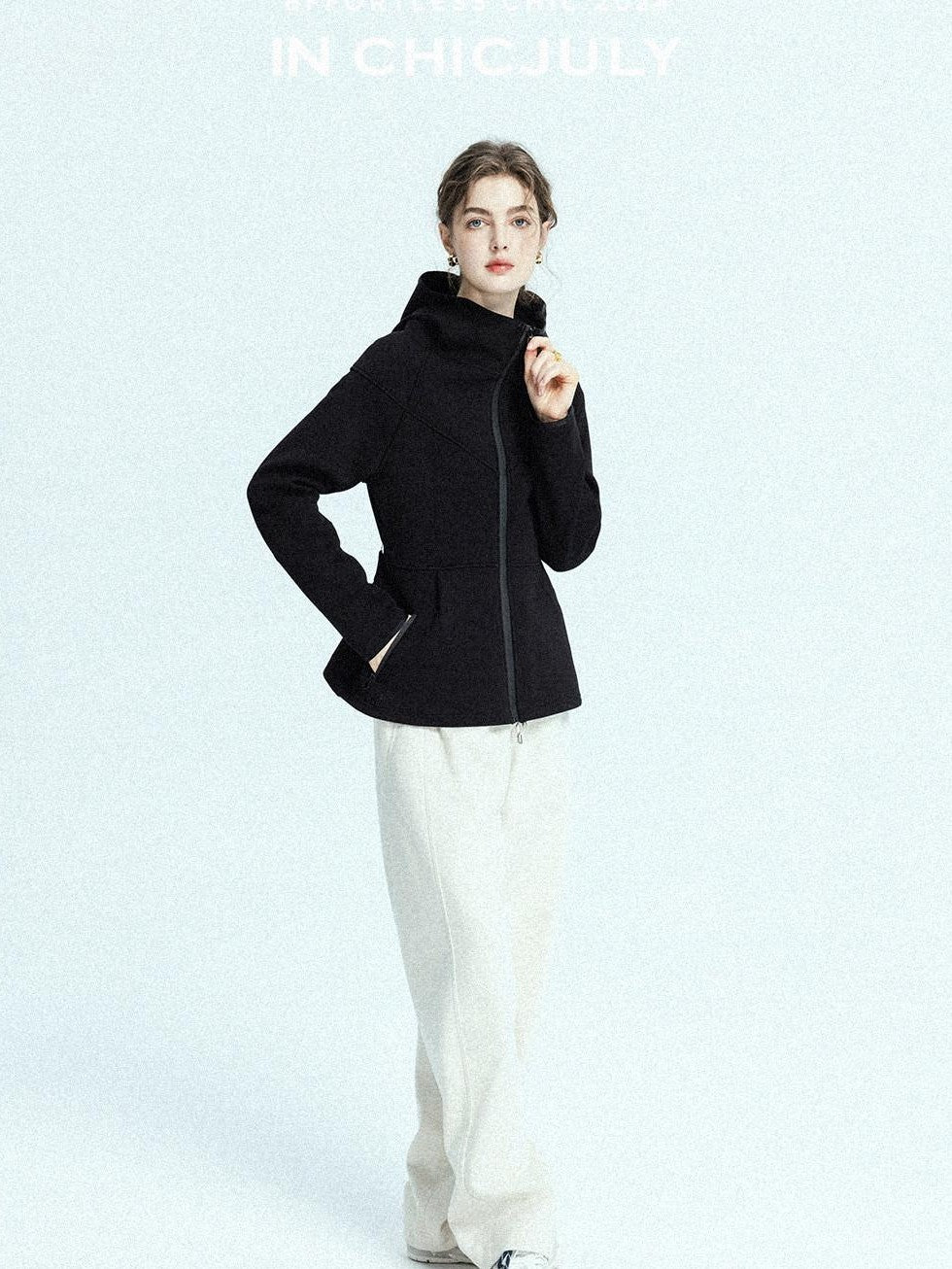 chicjuly Black Flocked Ultra Light Air Layer Hooded Waist Cinch Women's Casual Jackets