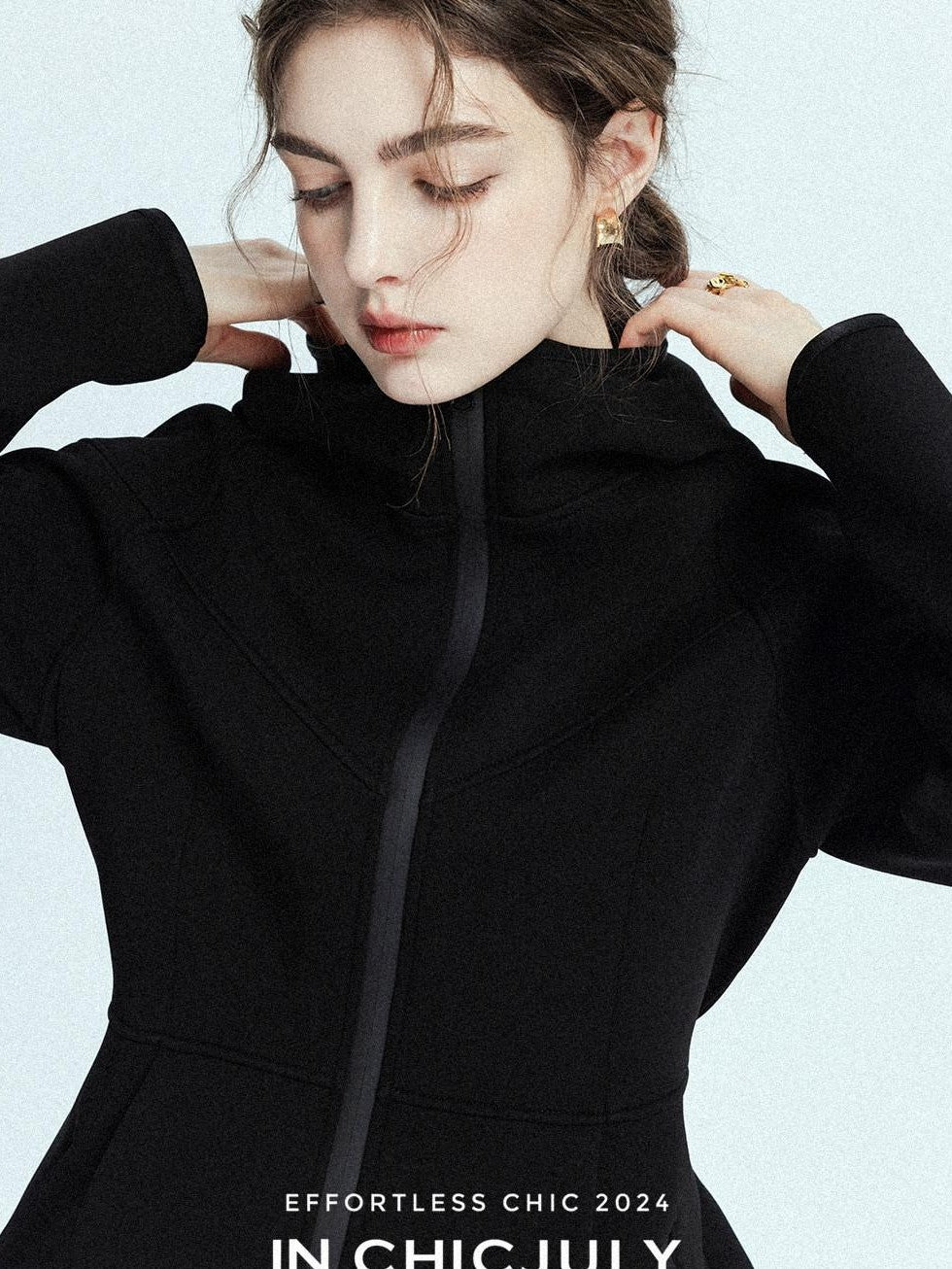 chicjuly Black Flocked Ultra Light Air Layer Hooded Waist Cinch Women's Casual Jackets