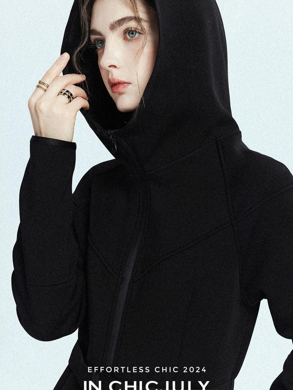 chicjuly Black Flocked Ultra Light Air Layer Hooded Waist Cinch Women's Casual Jackets