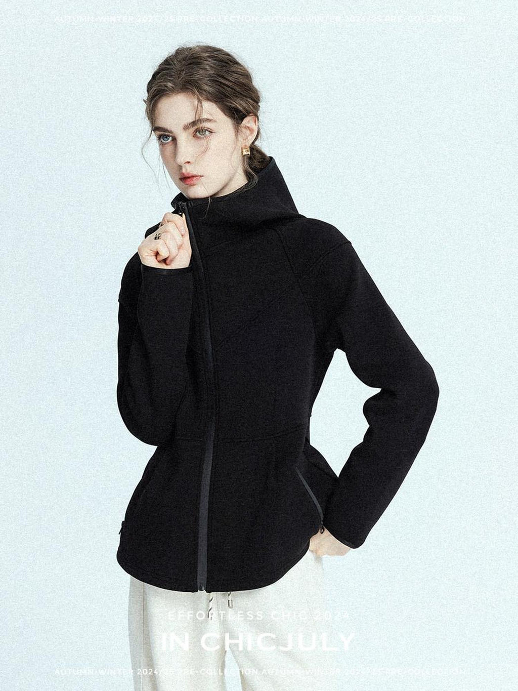 chicjuly Black Flocked Ultra Light Air Layer Hooded Waist Cinch Women's Casual Jackets