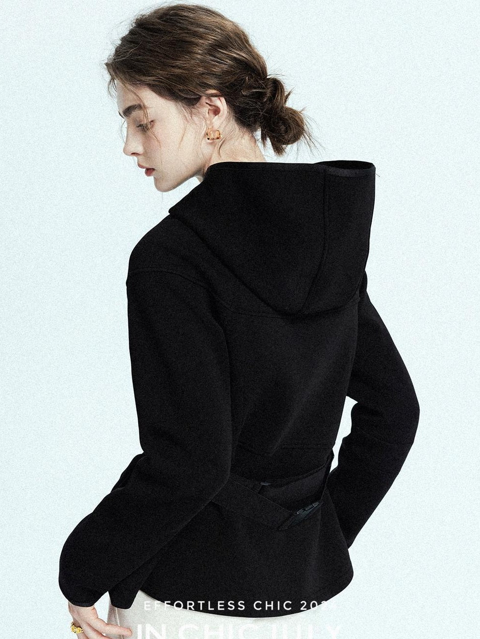 chicjuly Black Flocked Ultra Light Air Layer Hooded Waist Cinch Women's Casual Jackets