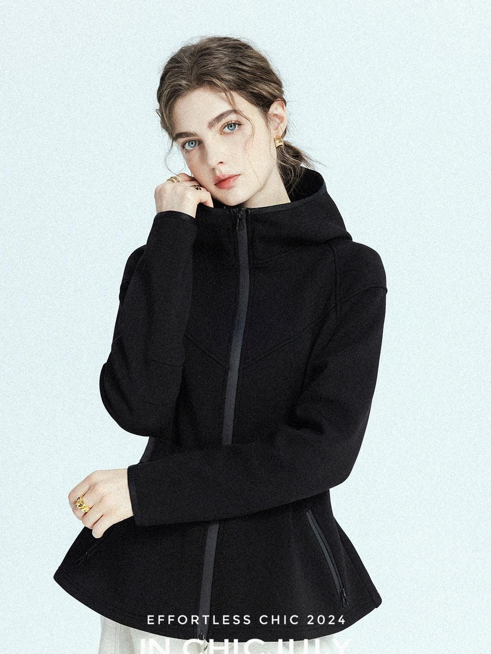 chicjuly Black Flocked Ultra Light Air Layer Hooded Waist Cinch Women's Casual Jackets