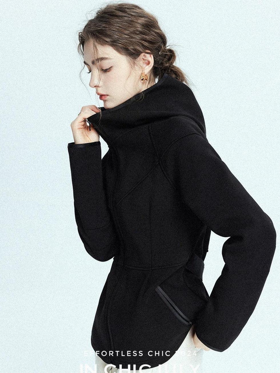 chicjuly Black Flocked Ultra Light Air Layer Hooded Waist Cinch Women's Casual Jackets