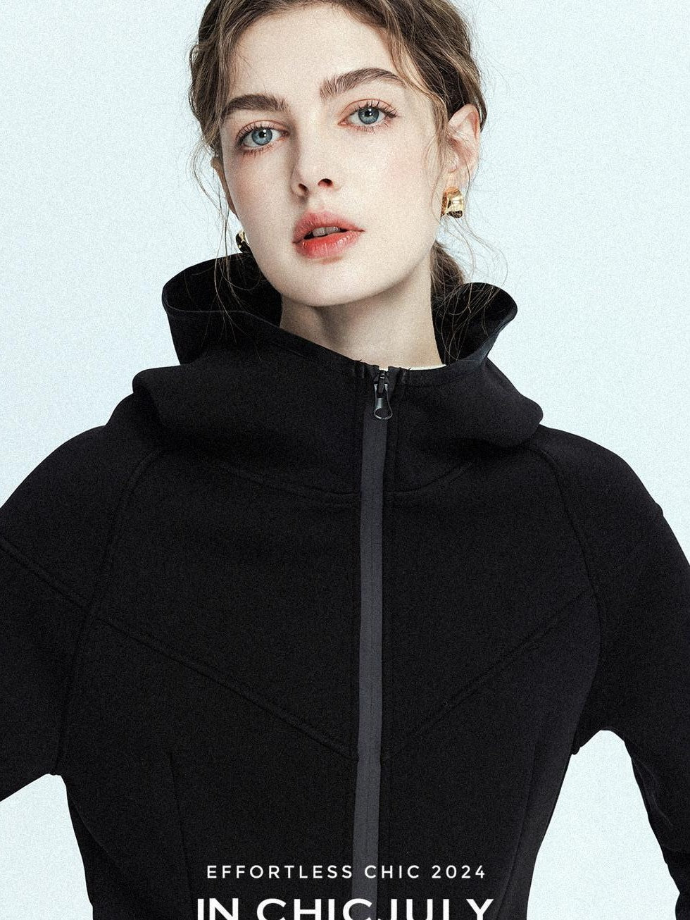 chicjuly Black Flocked Ultra Light Air Layer Hooded Waist Cinch Women's Casual Jackets