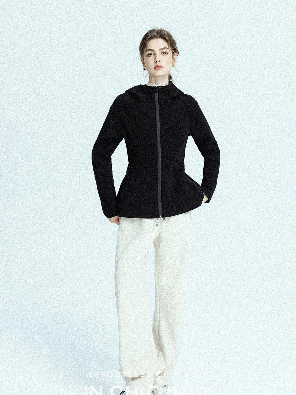 chicjuly Black Flocked Ultra Light Air Layer Hooded Waist Cinch Women's Casual Jackets